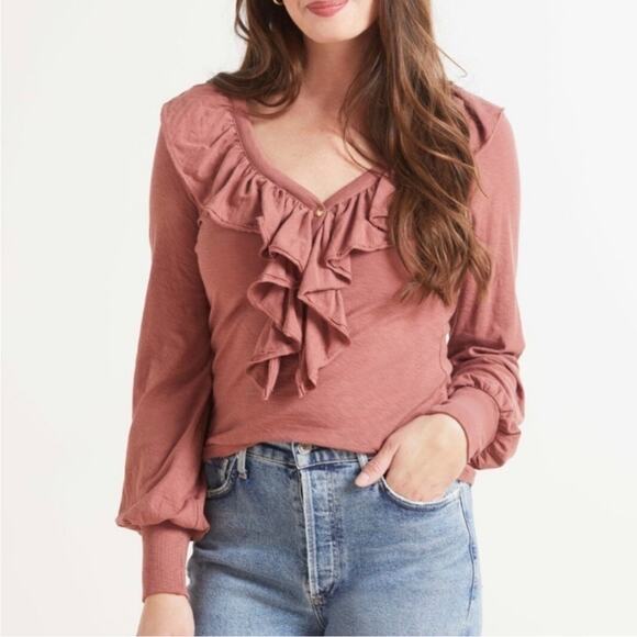 Nation LTD Lelita Dusty Pink Ruffle Front Long Sleeve Tee - size XS - Picture 1 of 7